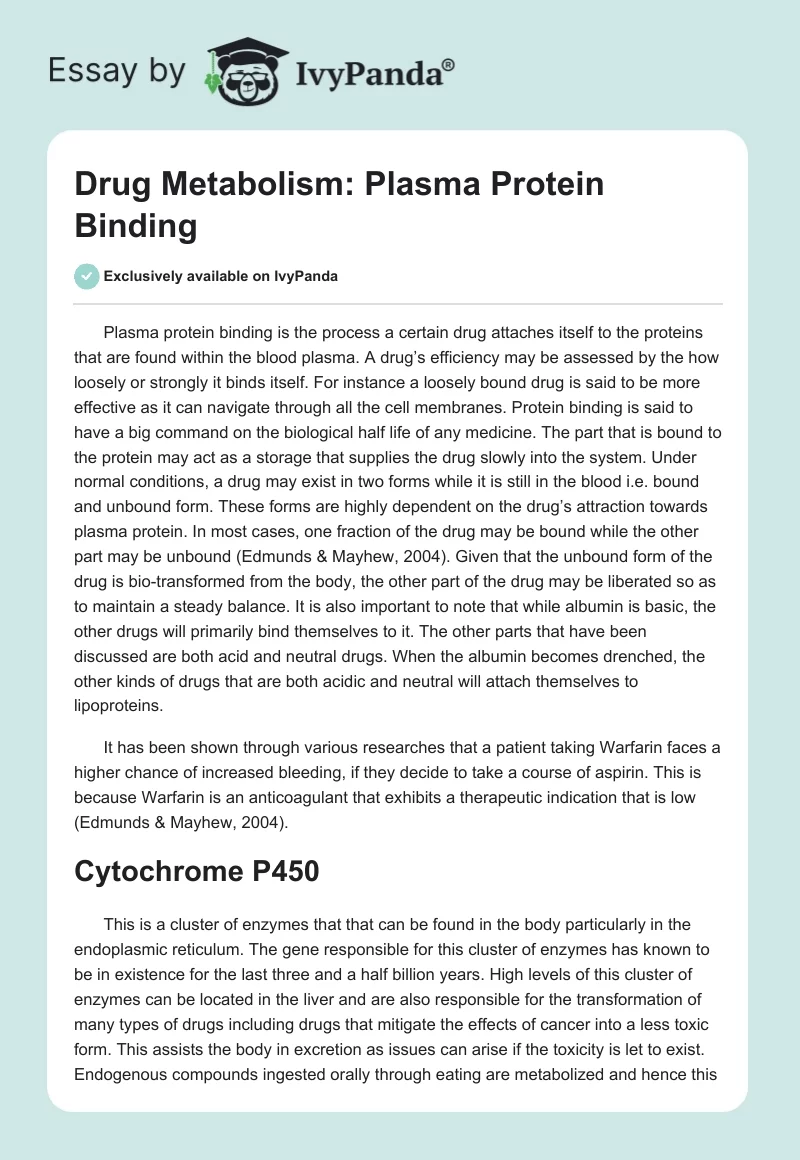 Drug Metabolism: Plasma Protein Binding. Page 1