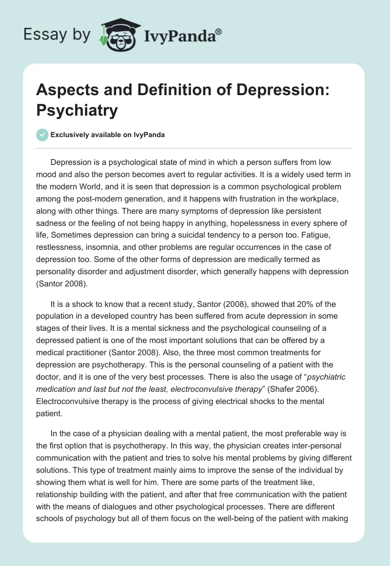 Aspects and Definition of Depression: Psychiatry. Page 1