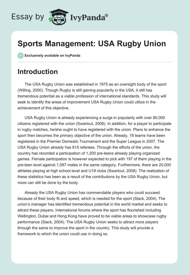 Sports Management: USA Rugby Union. Page 1