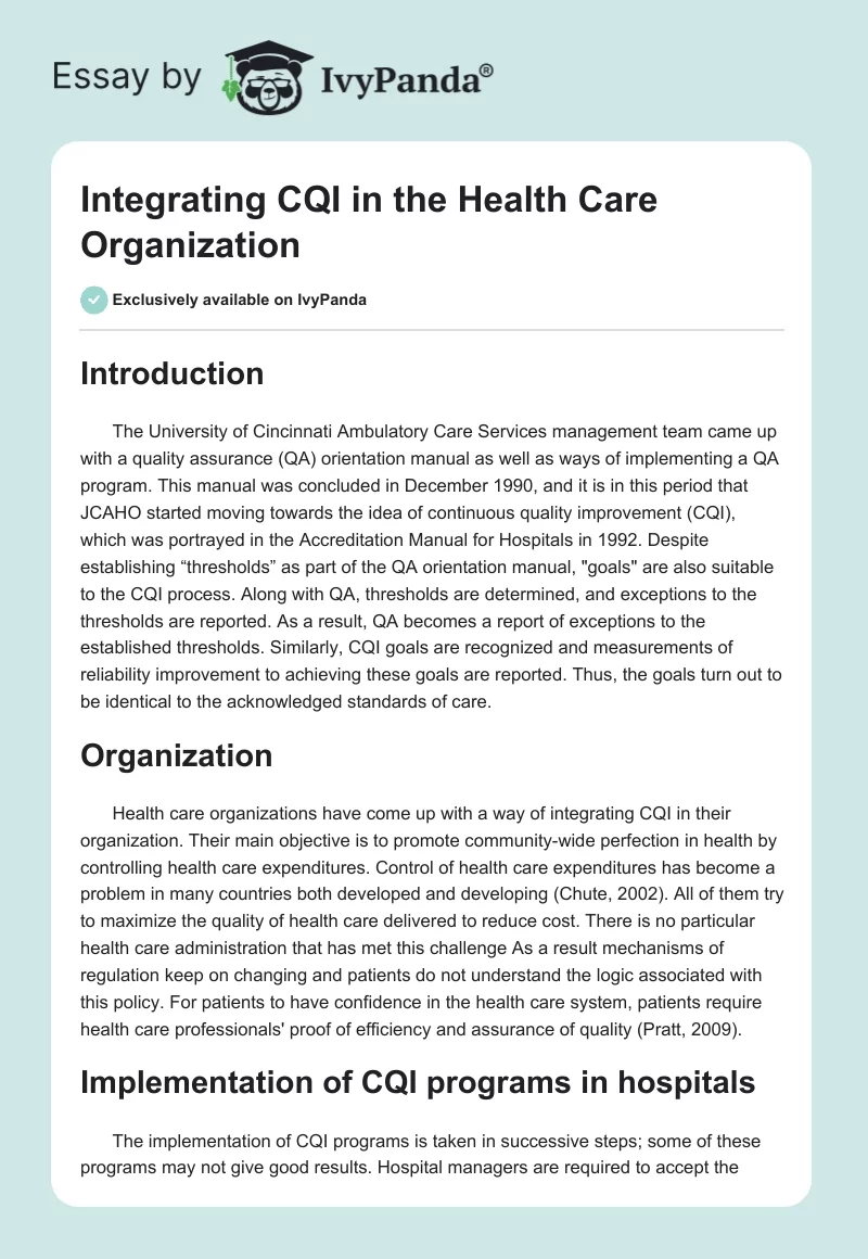 Integrating CQI in the Health Care Organization. Page 1