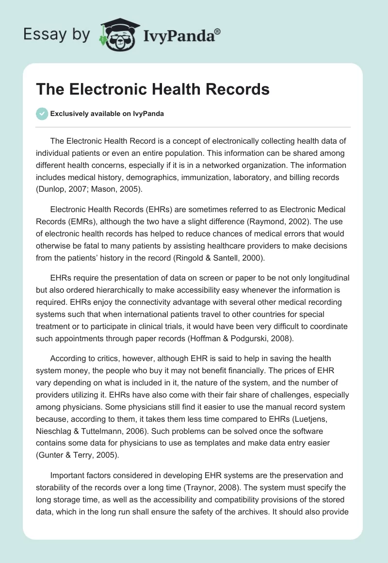 The Electronic Health Records. Page 1