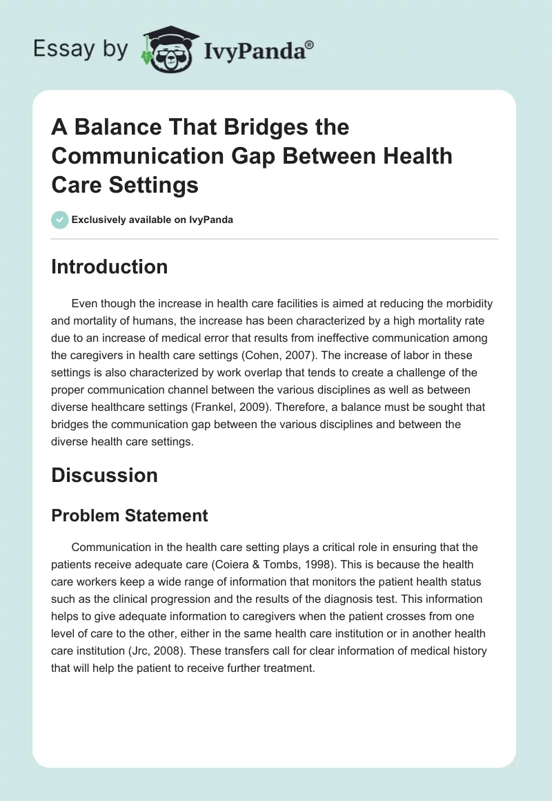 A Balance That Bridges the Communication Gap Between Health Care Settings. Page 1