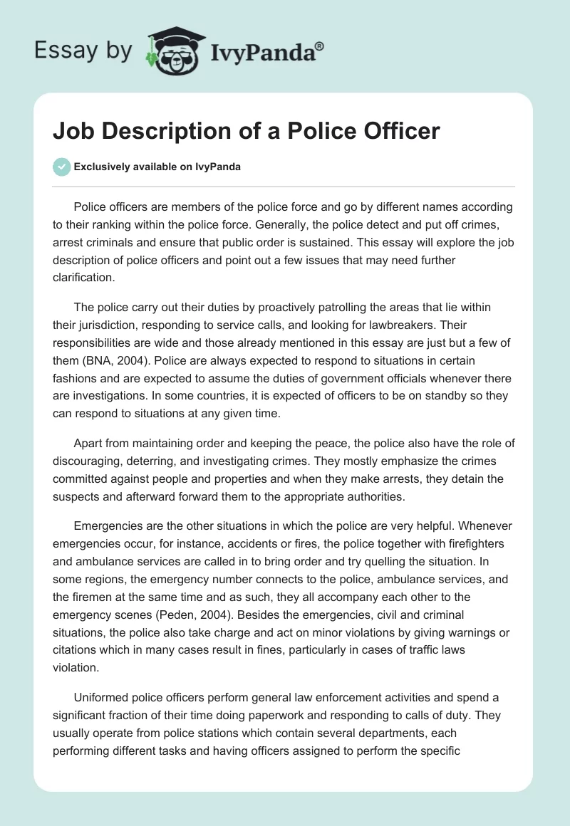 Job Description of a Police Officer. Page 1