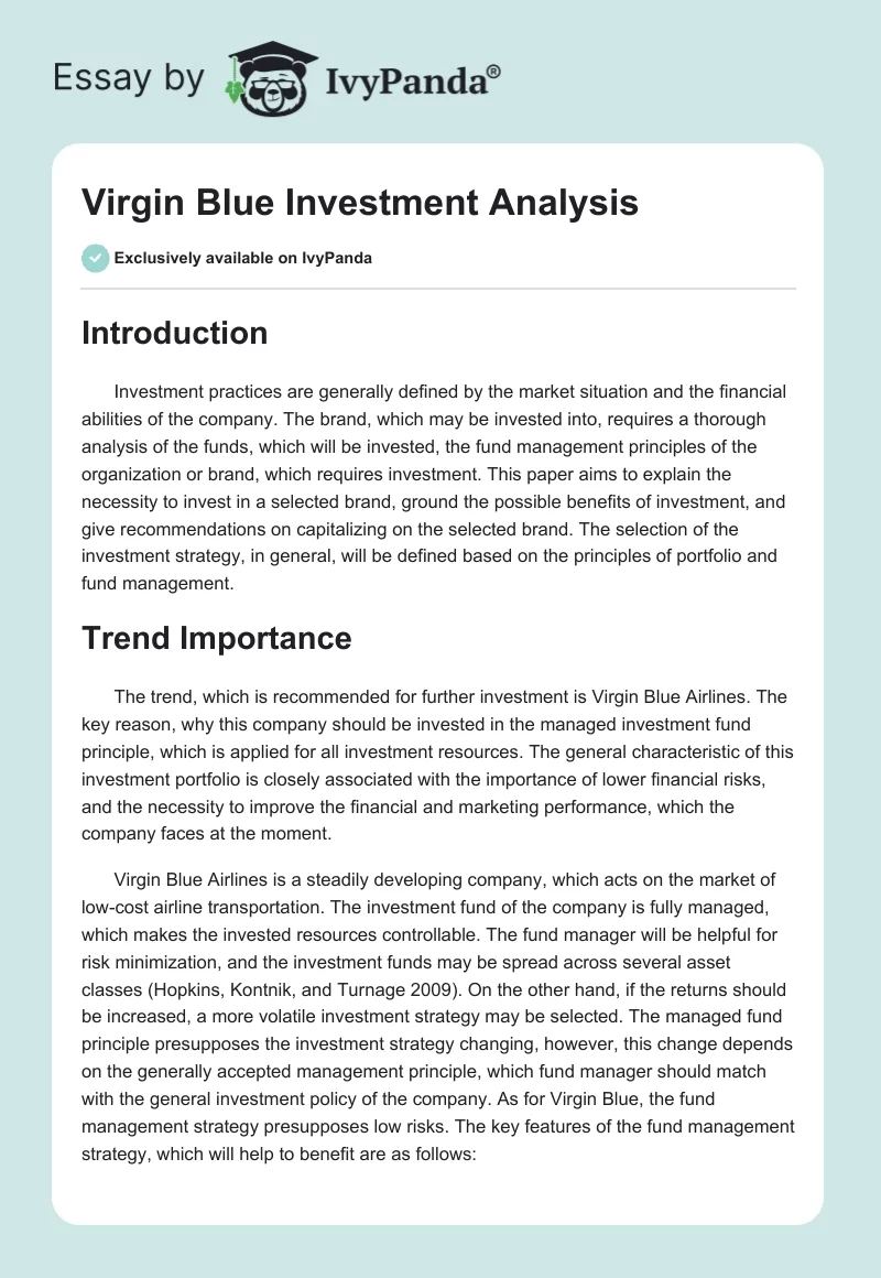 Virgin Blue Investment Analysis. Page 1