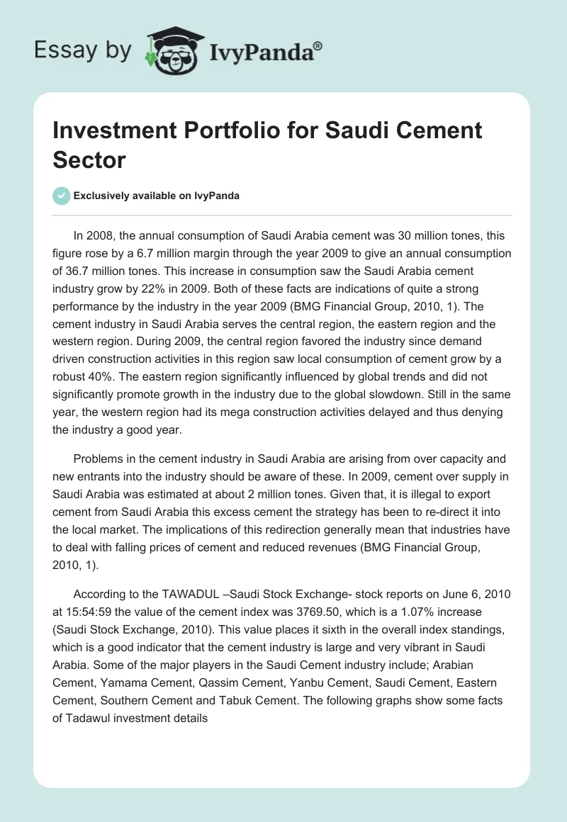 Investment Portfolio for Saudi Cement Sector. Page 1