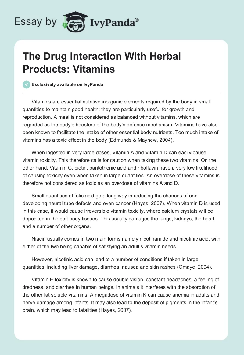The Drug Interaction With Herbal Products: Vitamins. Page 1