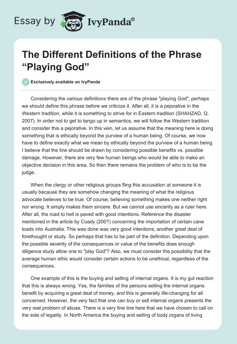 The Different Definitions of the Phrase “Playing God”. Page 1