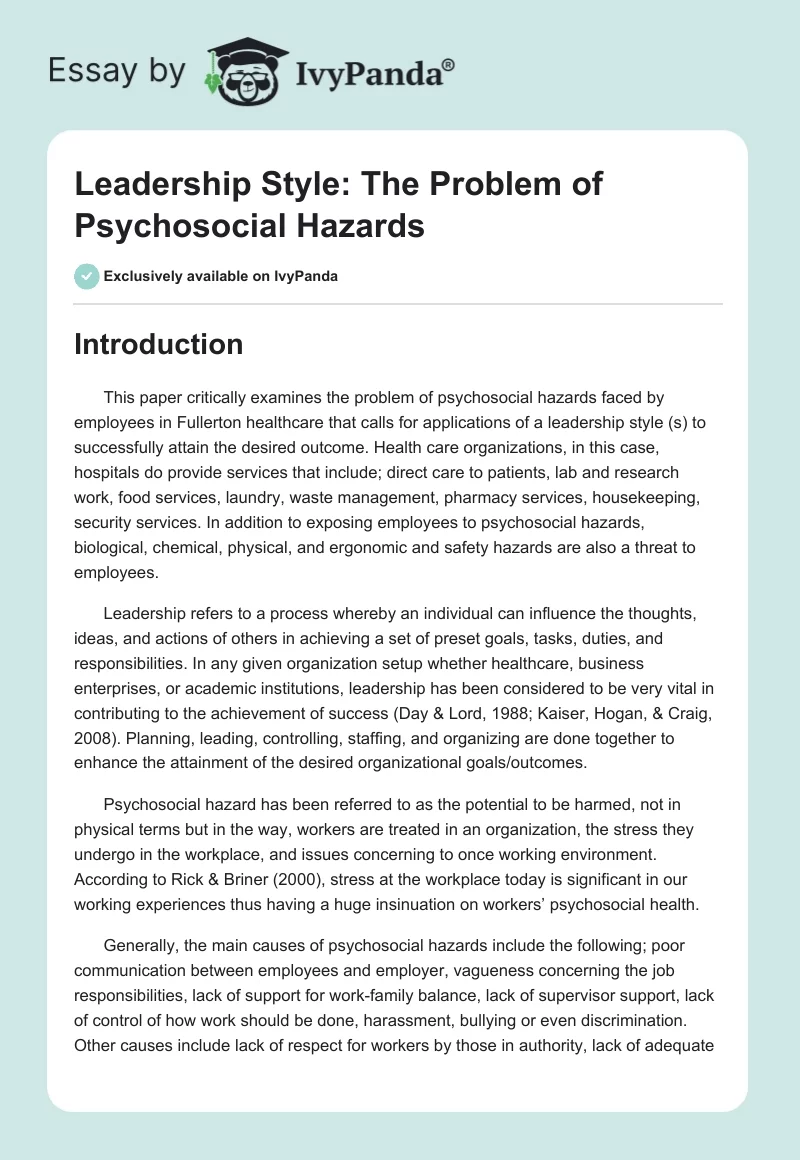Leadership Style: The Problem of Psychosocial Hazards. Page 1