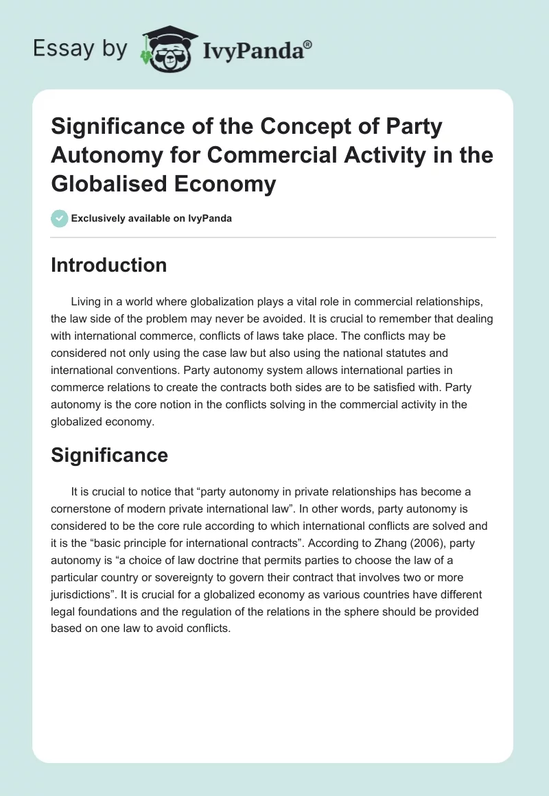 Significance of the Concept of Party Autonomy for Commercial Activity in the Globalised Economy. Page 1