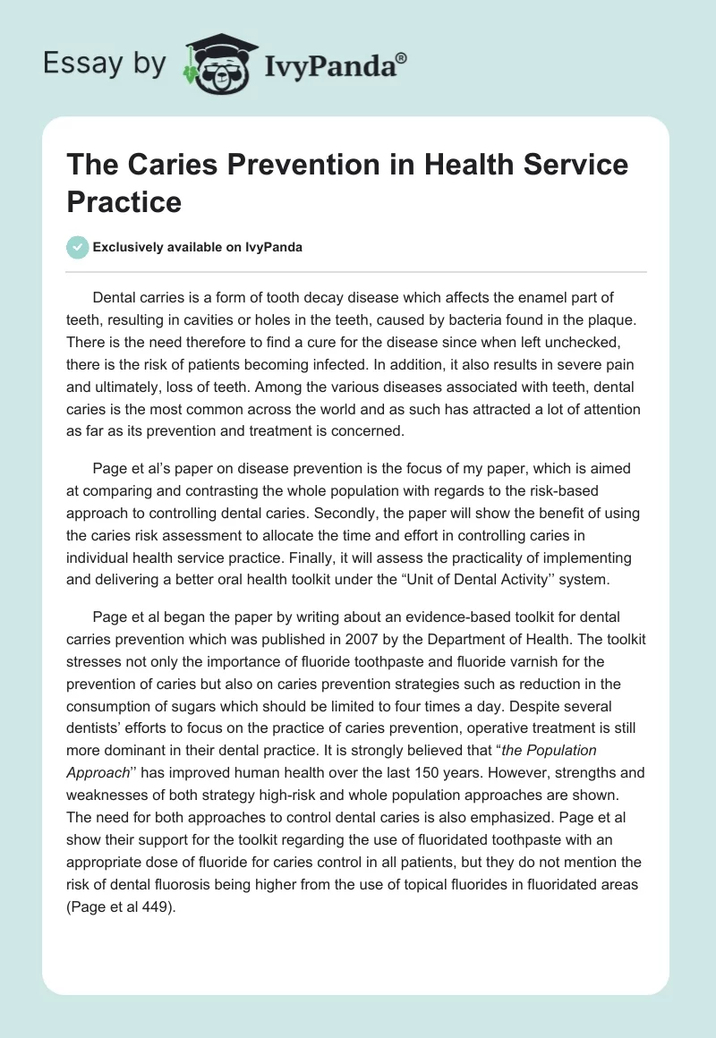 The Caries Prevention in Health Service Practice. Page 1