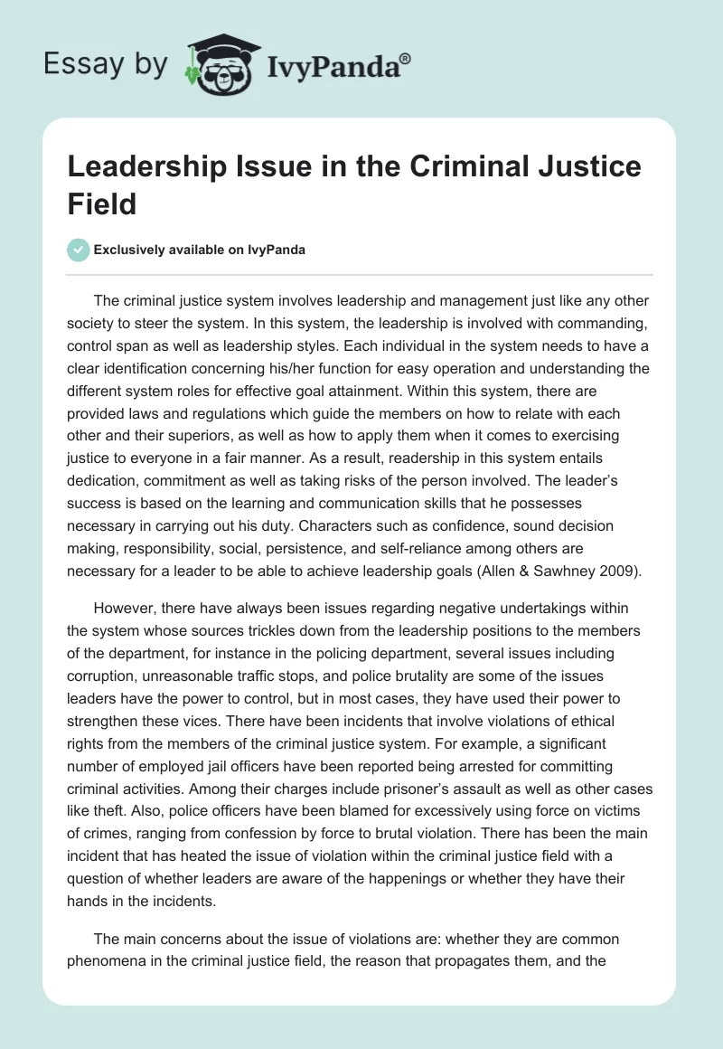 Leadership Issue in the Criminal Justice Field. Page 1