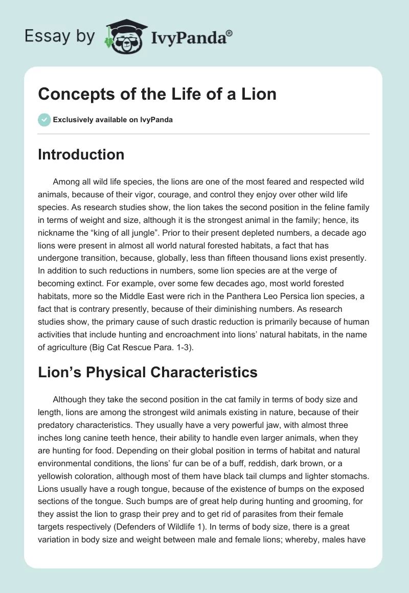 Concepts of the Life of a Lion. Page 1