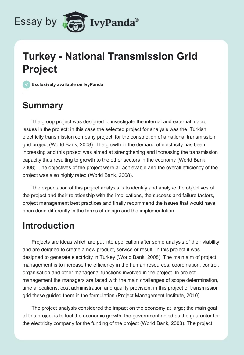Turkey - National Transmission Grid Project. Page 1