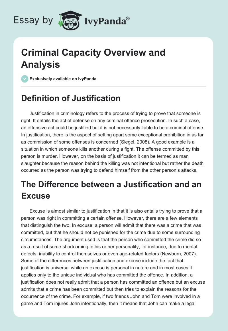 Criminal Capacity Overview and Analysis. Page 1