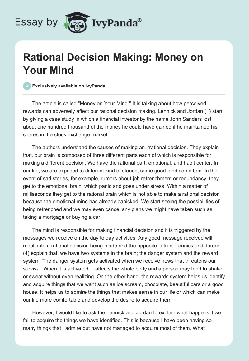 Rational Decision Making: Money on Your Mind. Page 1