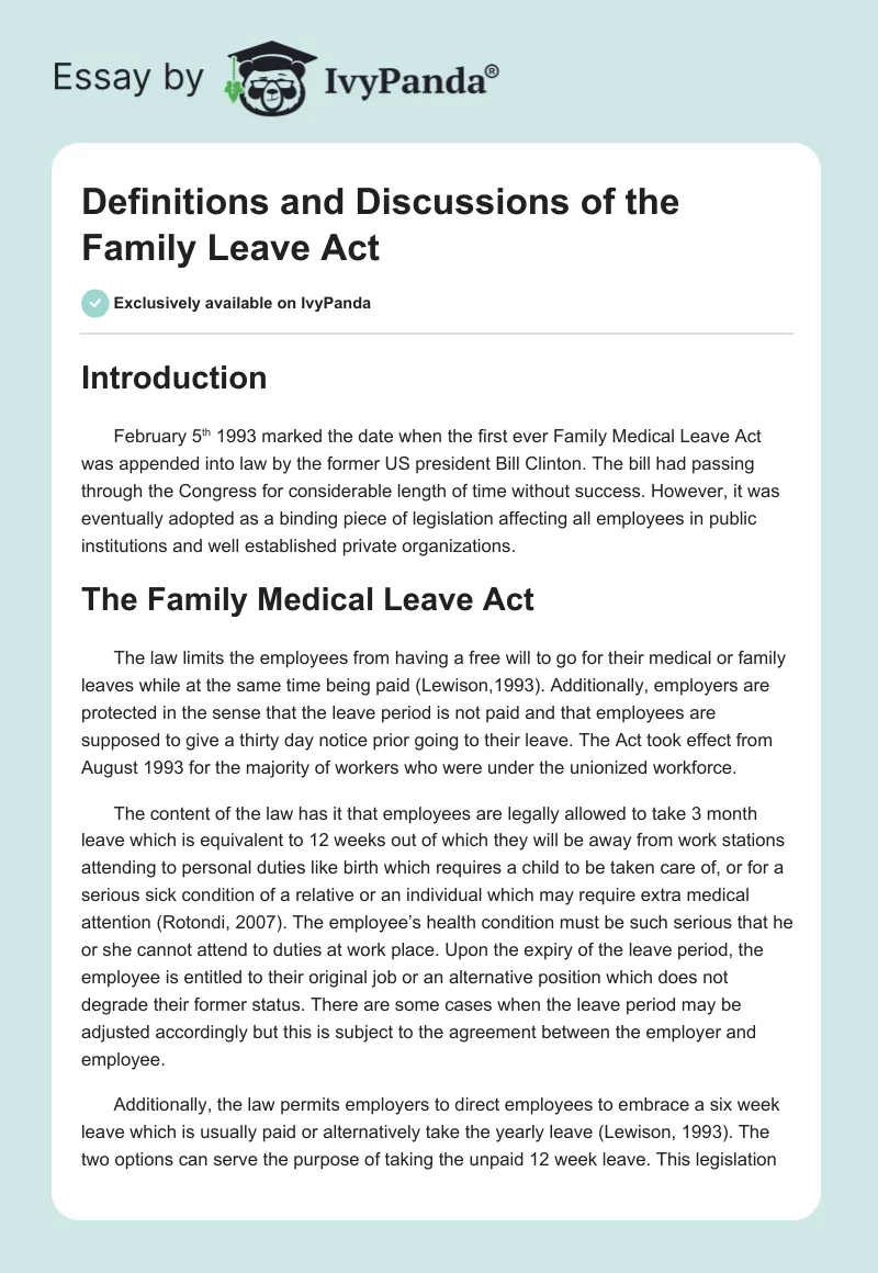 Definitions and Discussions of the Family Leave Act. Page 1