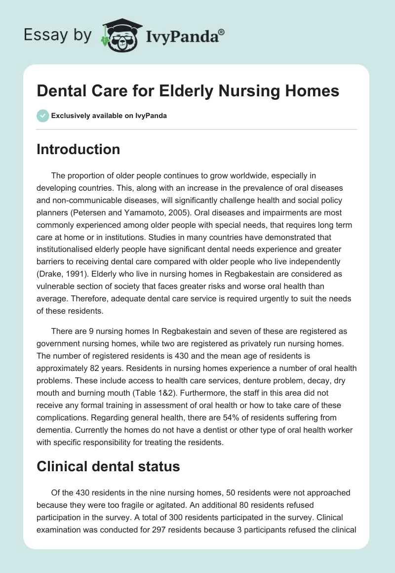 Dental Care for Elderly Nursing Homes. Page 1