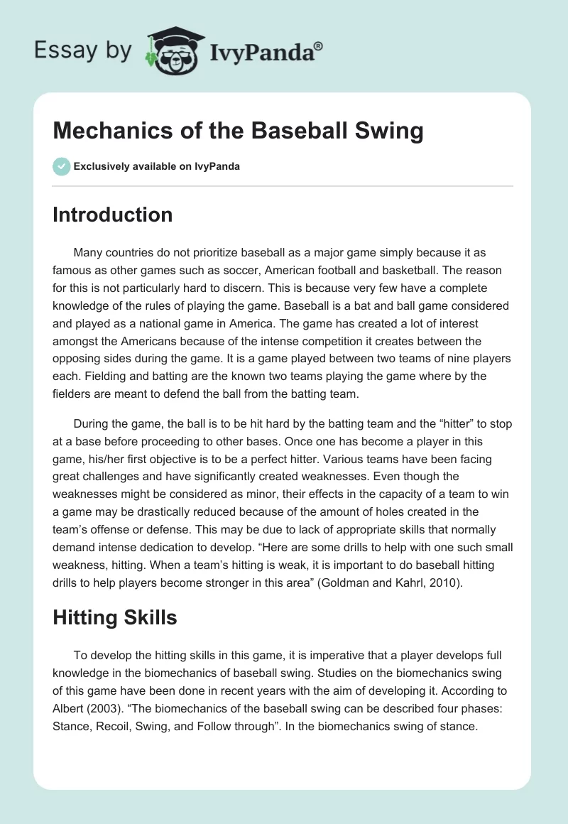 Mechanics of the Baseball Swing. Page 1