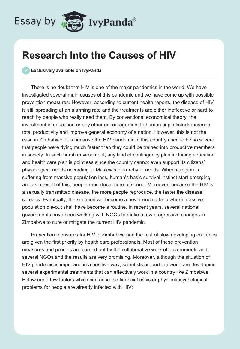 Research Into the Causes of HIV. Page 1