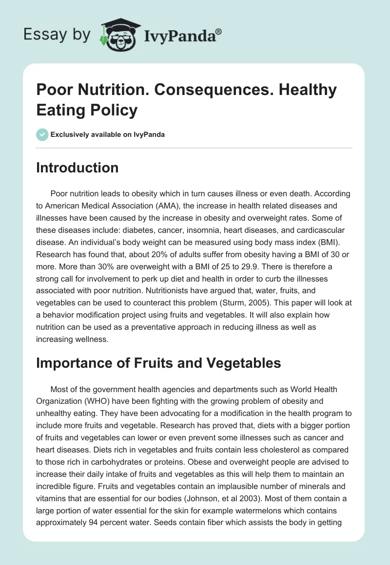 Poor Nutrition. Consequences. Healthy Eating Policy. Page 1