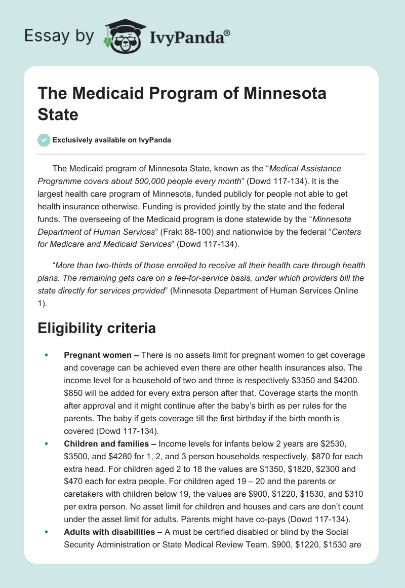 The Medicaid Program of Minnesota State. Page 1