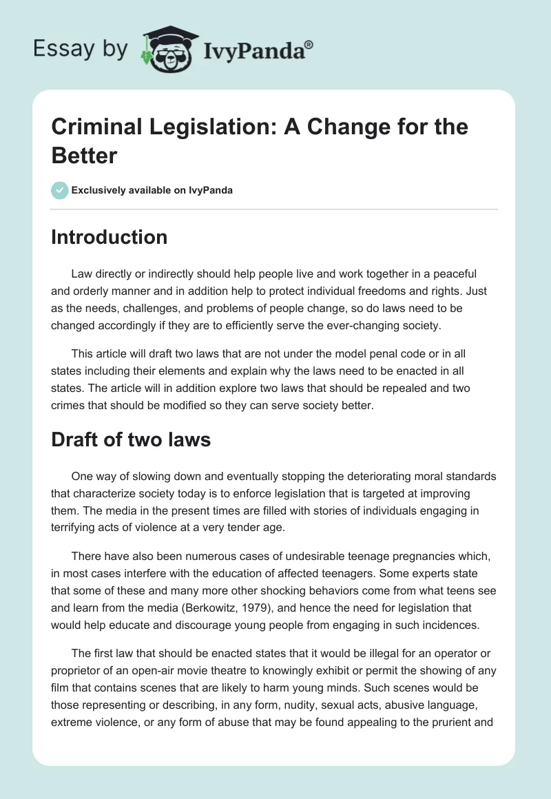 Criminal Legislation: A Change for the Better. Page 1