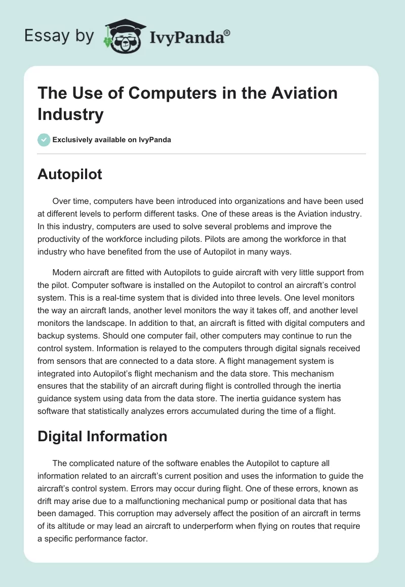 The Use of Computers in the Aviation Industry. Page 1