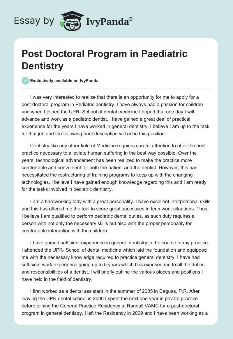 Post Doctoral Program in Paediatric Dentistry. Page 1