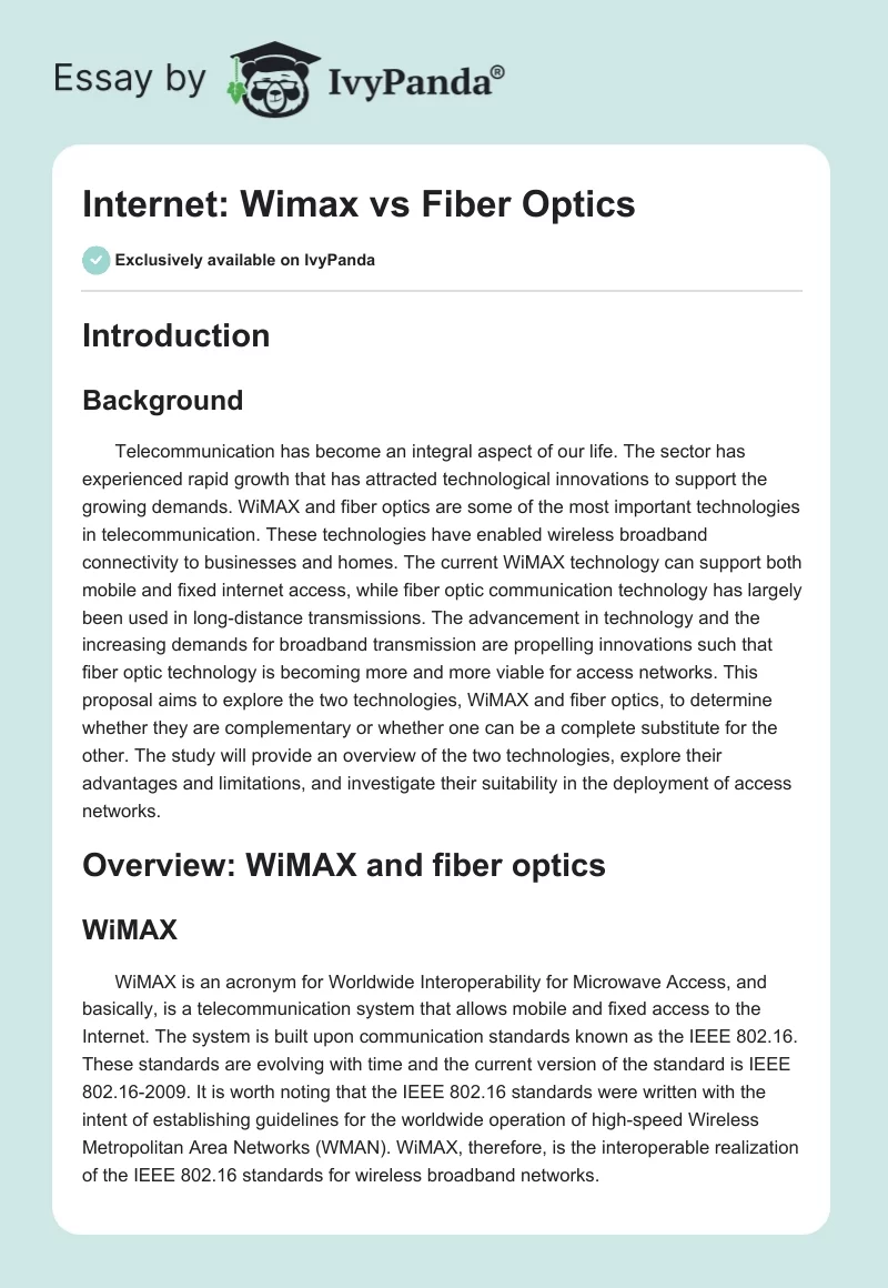 Internet: Wimax vs. Fiber Optics. Page 1