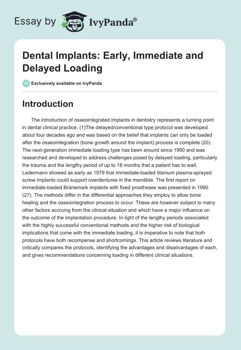 Dental Implants: Early, Immediate and Delayed Loading. Page 1