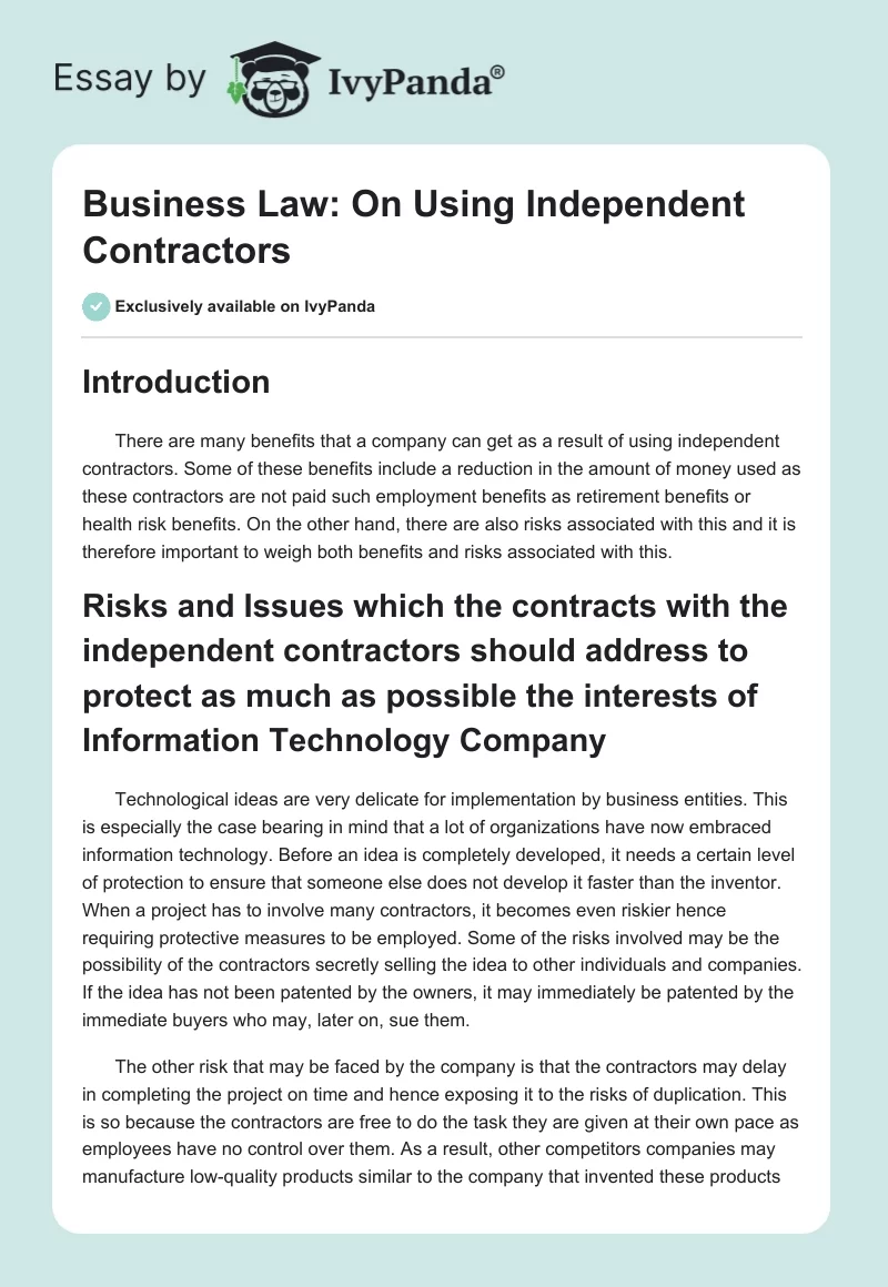 Business Law: On Using Independent Contractors. Page 1