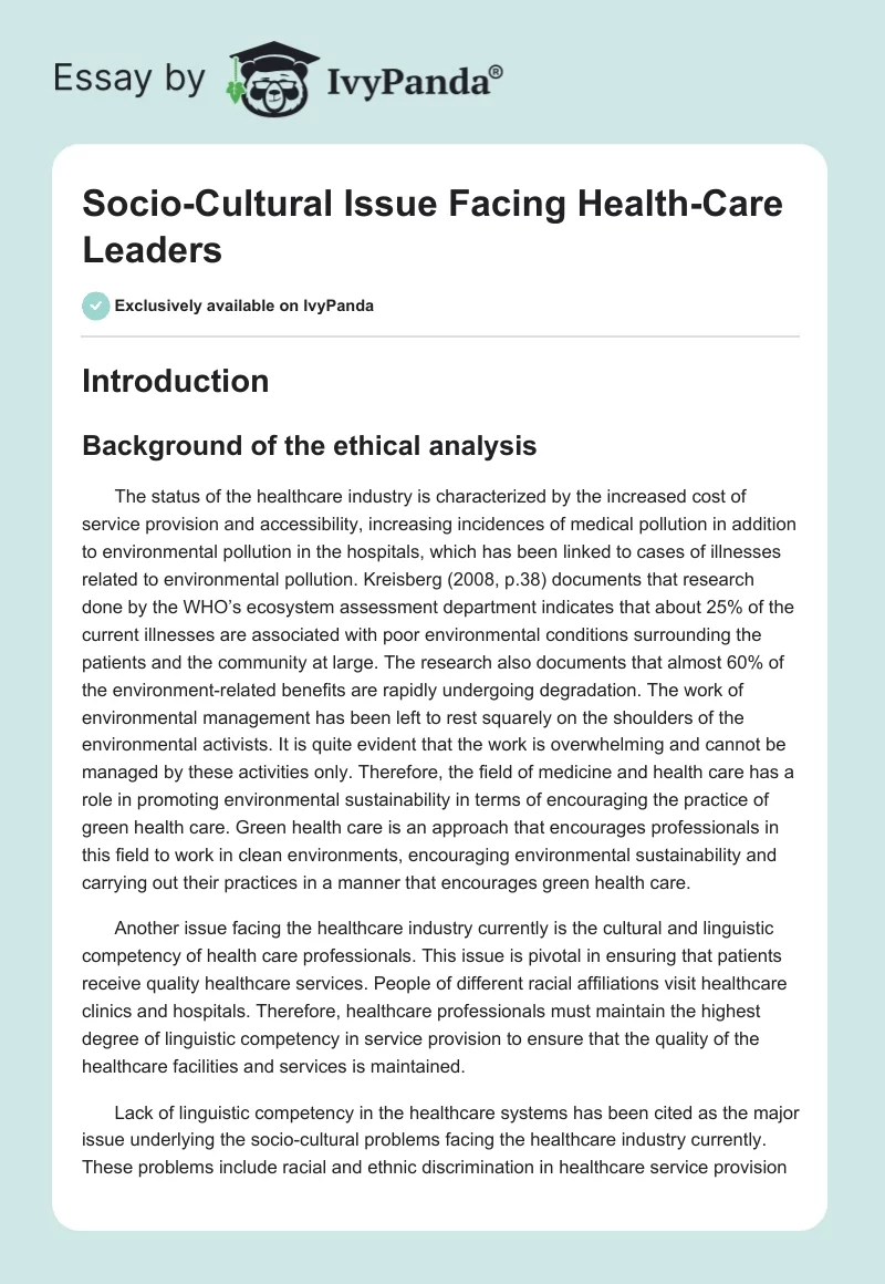 Socio-Cultural Issue Facing Health-Care Leaders. Page 1