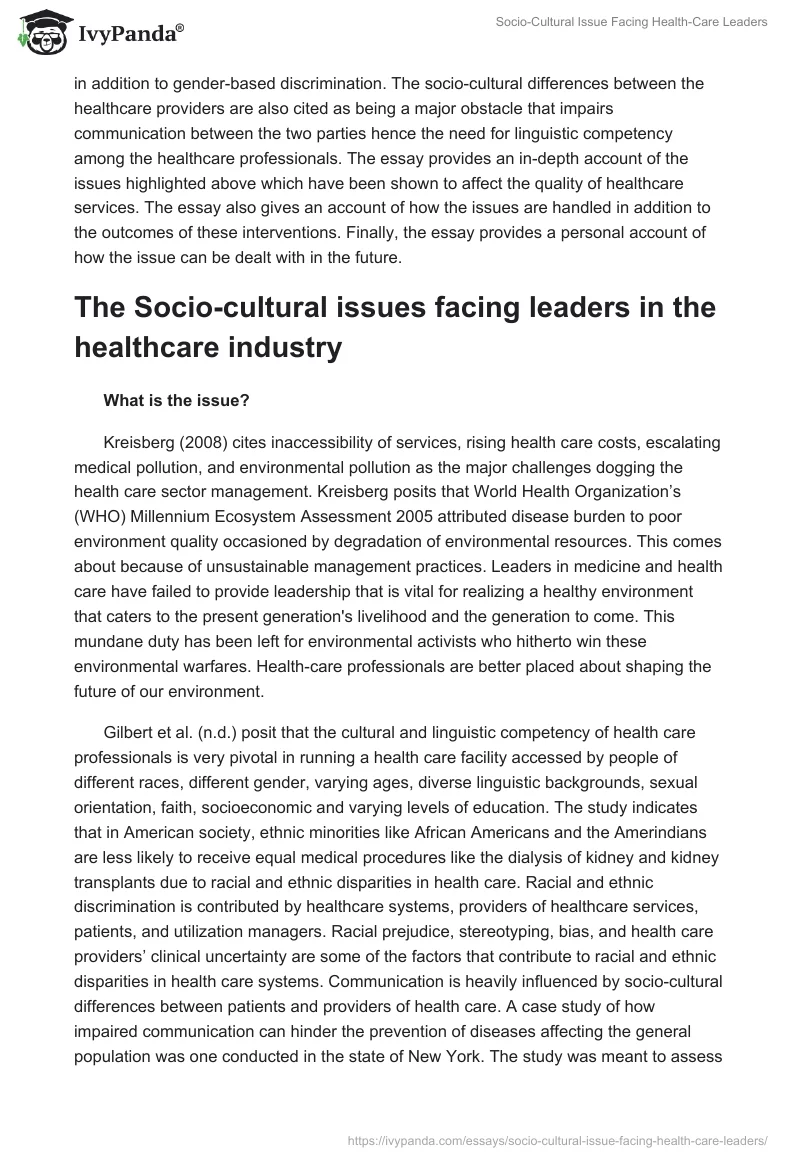 Socio-Cultural Issue Facing Health-Care Leaders. Page 2