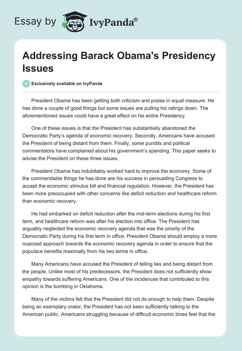 Addressing Barack Obama's Presidency Issues. Page 1