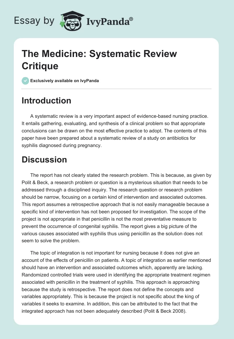 The Medicine: Systematic Review Critique. Page 1