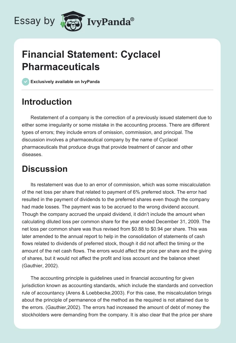 Financial Statement: Cyclacel Pharmaceuticals. Page 1
