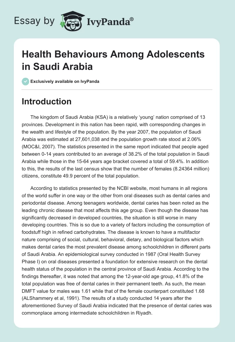 Health Behaviours Among Adolescents in Saudi Arabia. Page 1