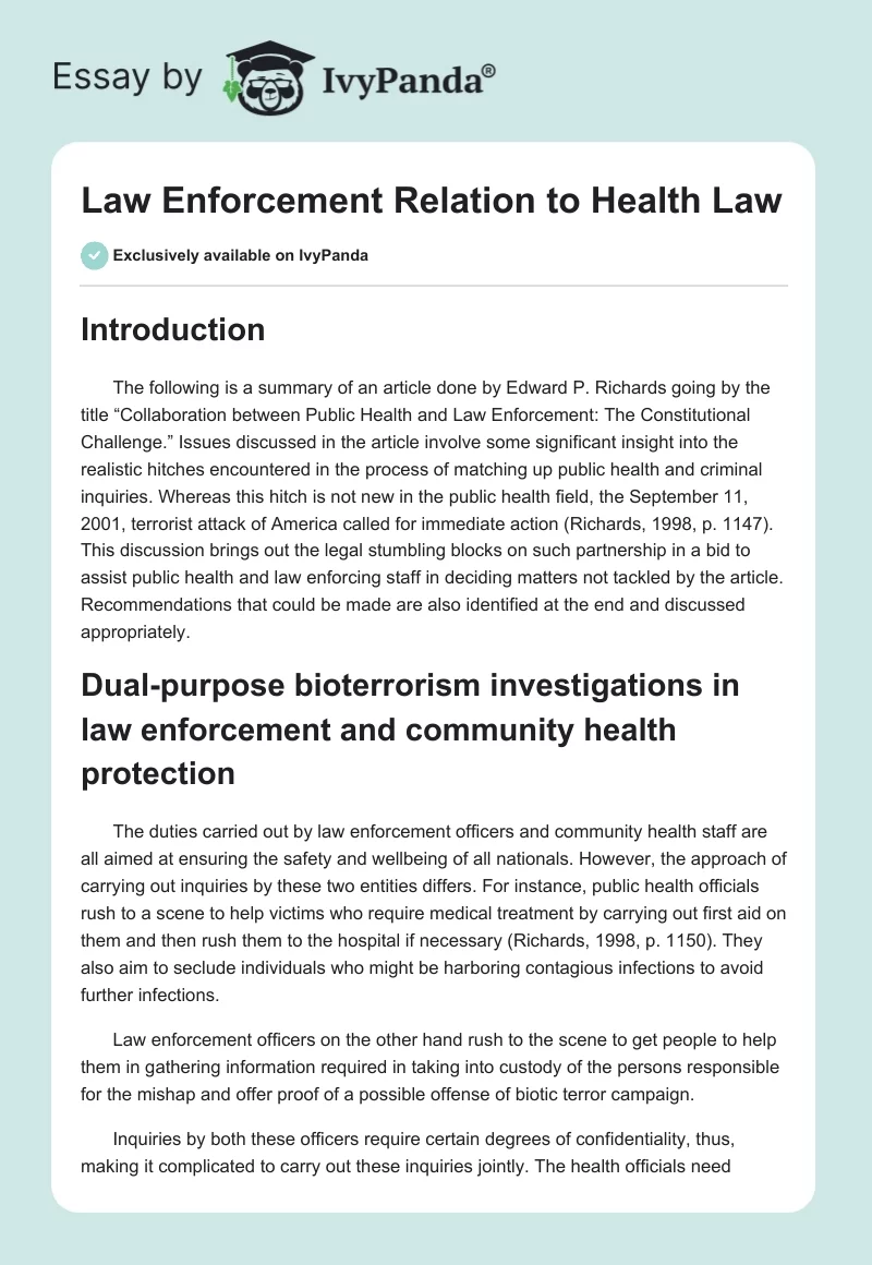 Law Enforcement Relation to Health Law. Page 1