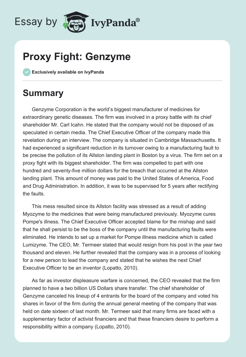 Proxy Fight: Genzyme. Page 1