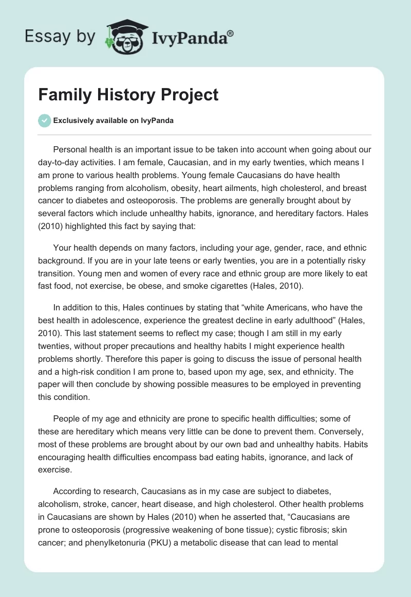 Family History Project. Page 1