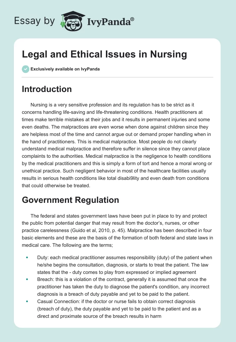 Legal and Ethical Issues in Nursing. Page 1