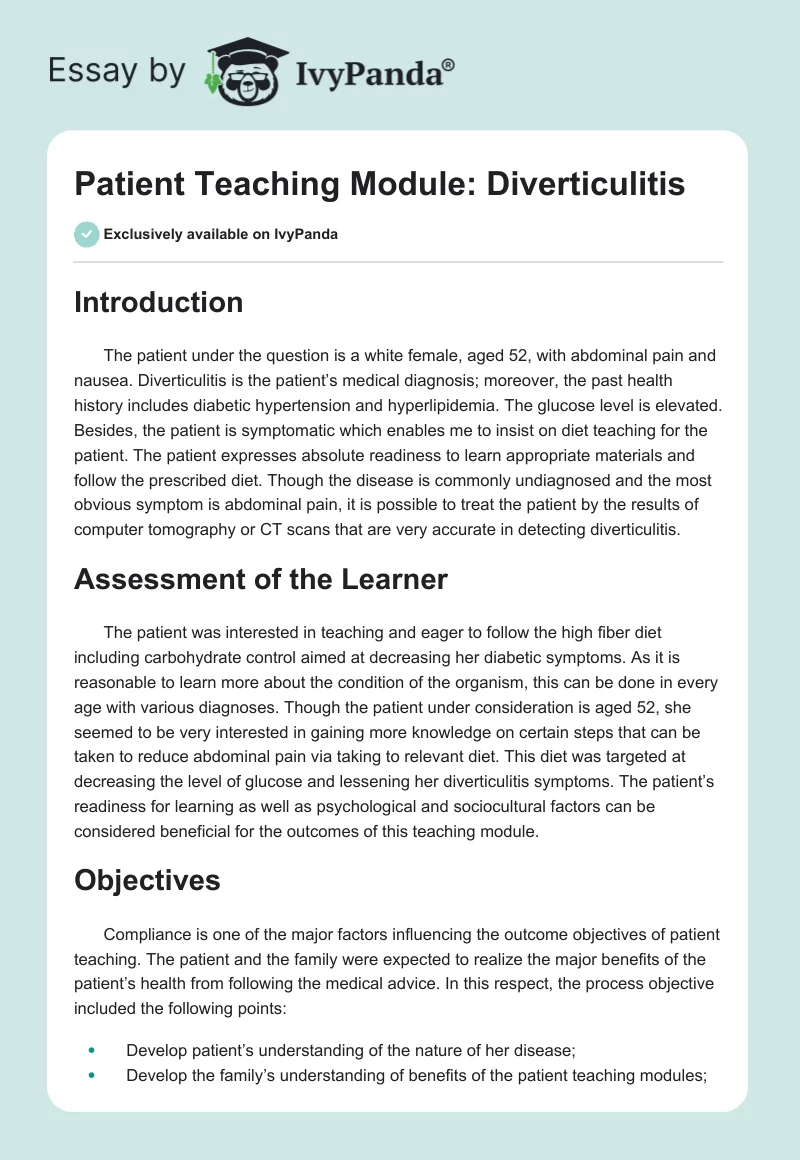 Patient Teaching Module: Diverticulitis. Page 1
