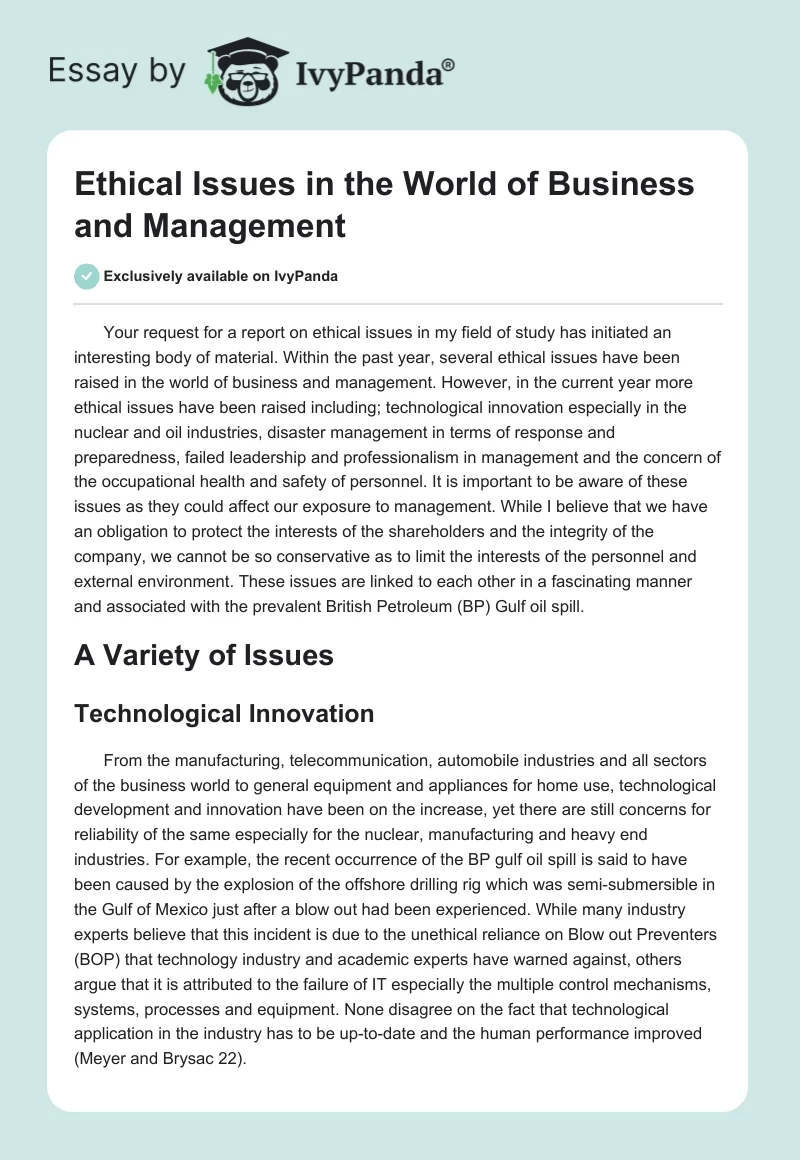 Ethical Issues in the World of Business and Management. Page 1