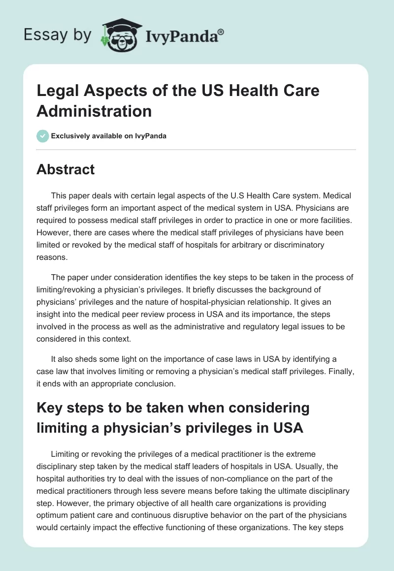 Legal Aspects of the US Health Care Administration. Page 1