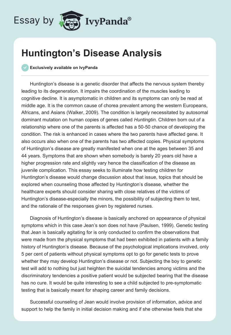Huntington’s Disease Analysis. Page 1
