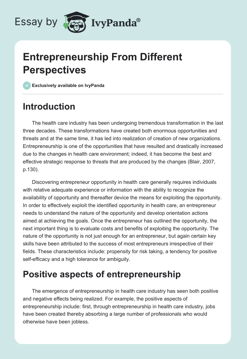 Entrepreneurship From Different Perspectives. Page 1