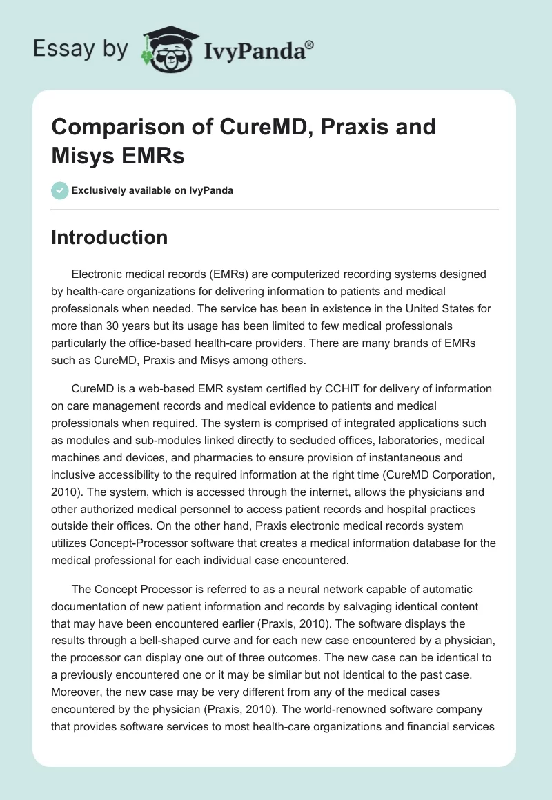 Comparison of CureMD, Praxis and Misys EMRs. Page 1
