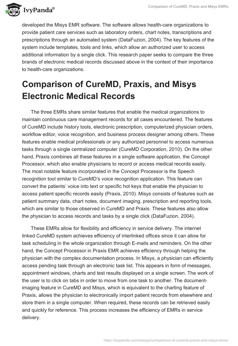 Comparison of CureMD, Praxis and Misys EMRs. Page 2
