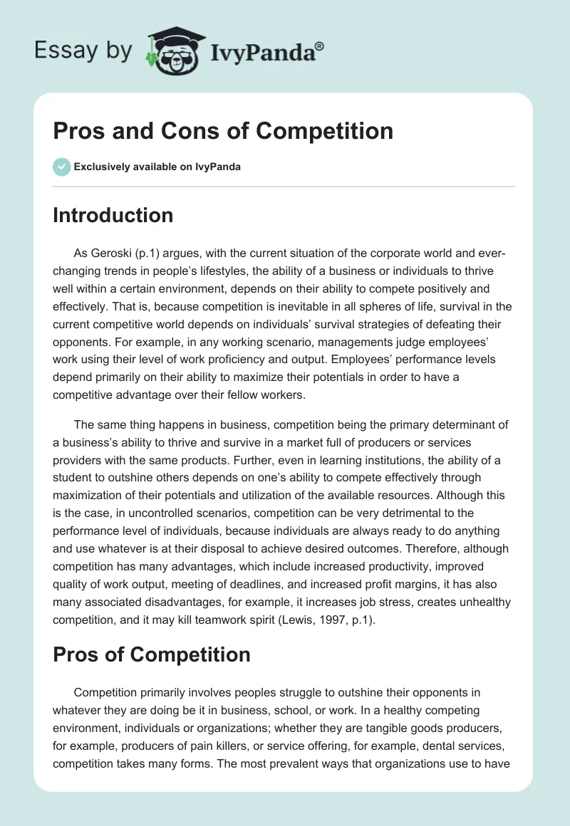 Pros and Cons of Competition. Page 1