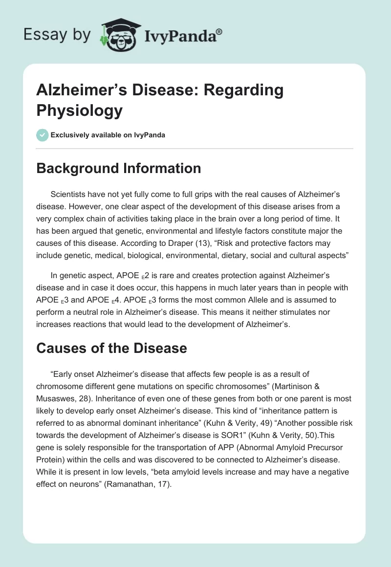 Alzheimer’s Disease: Regarding Physiology. Page 1